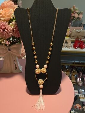 Lilly Pulitzer Cream and Gold Beaded Floral Tassel  Statement Necklace